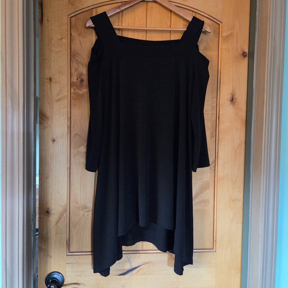 Chico's Sz 1 (S) Black Could Shoulder Asymmetric Hi-Lo A-Line Long Tunic Top